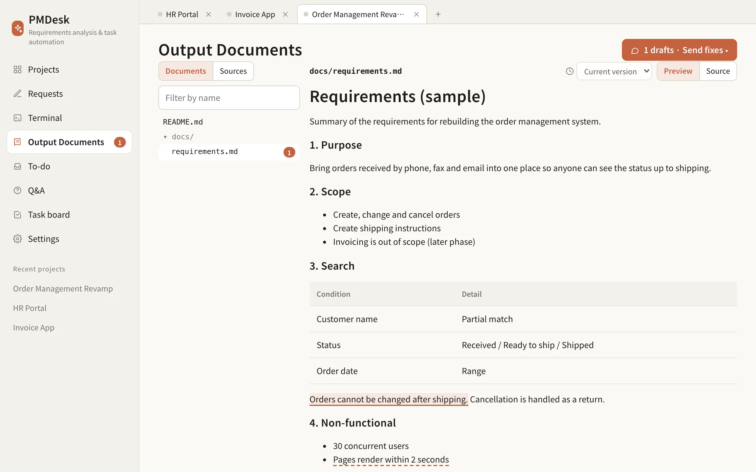 Outputs page showing a requirements document with highlighted commented passages