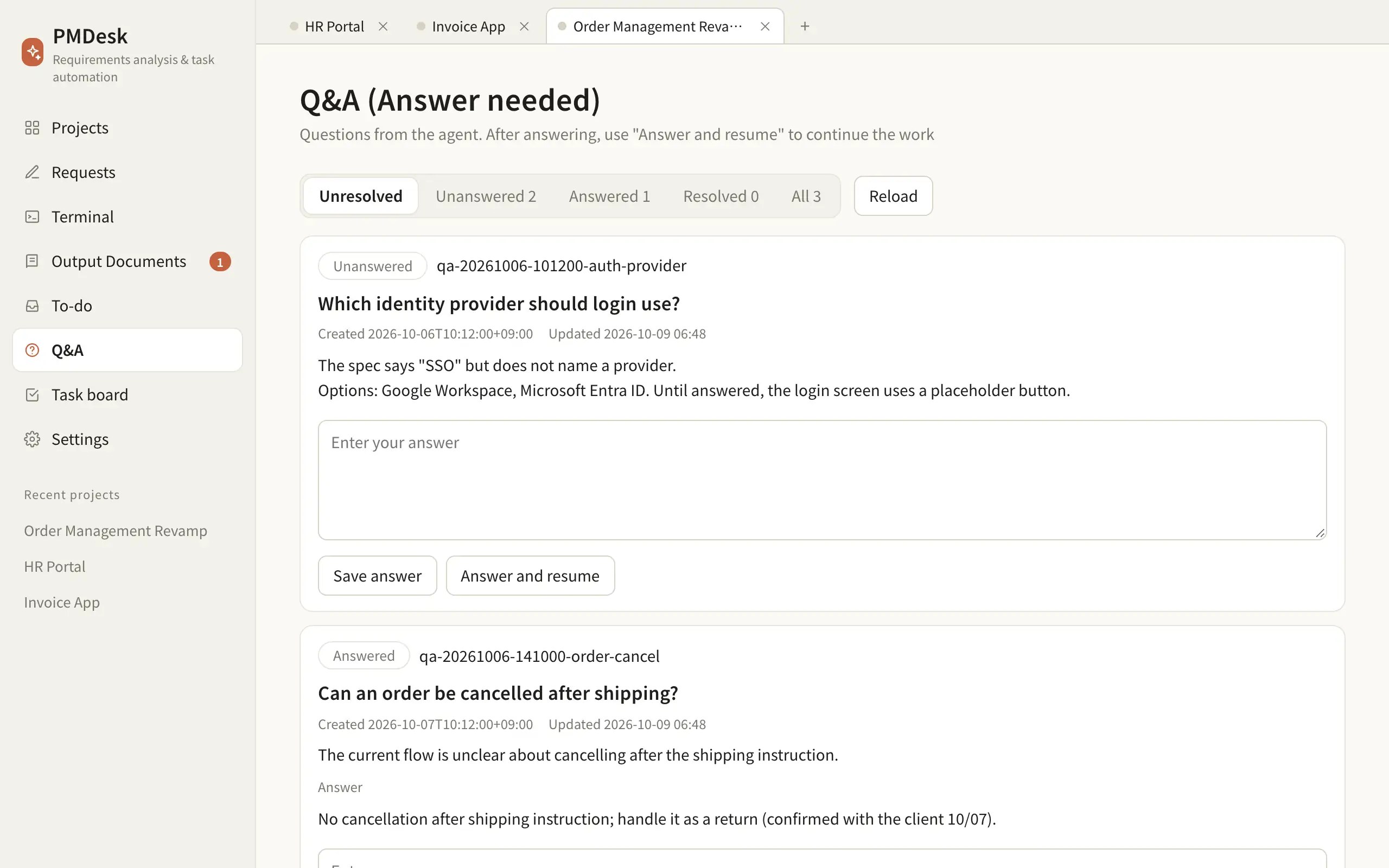 Q&A page with two unanswered questions and answer boxes