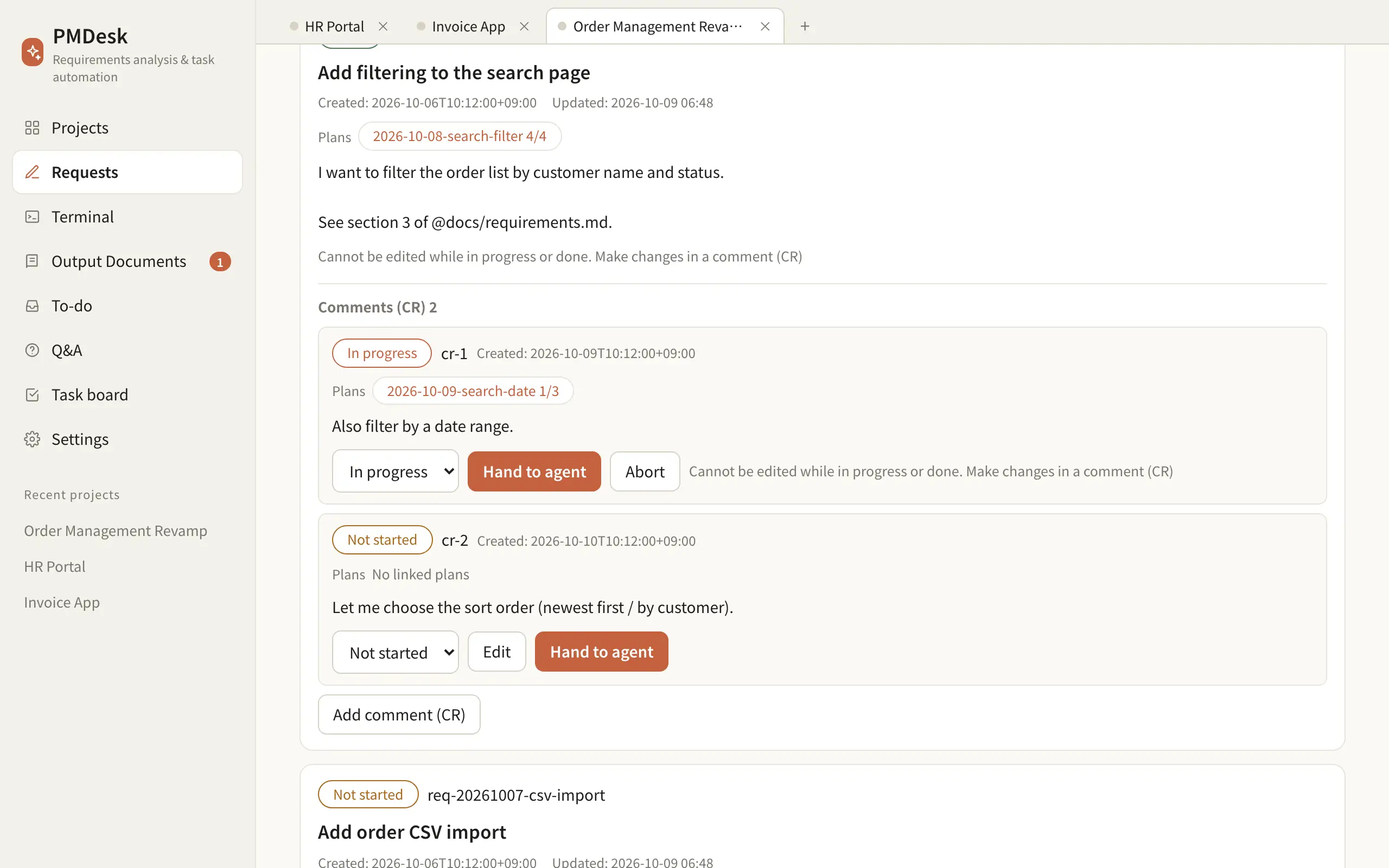 Requests page showing a finished request with two change requests, each linked to a plan
