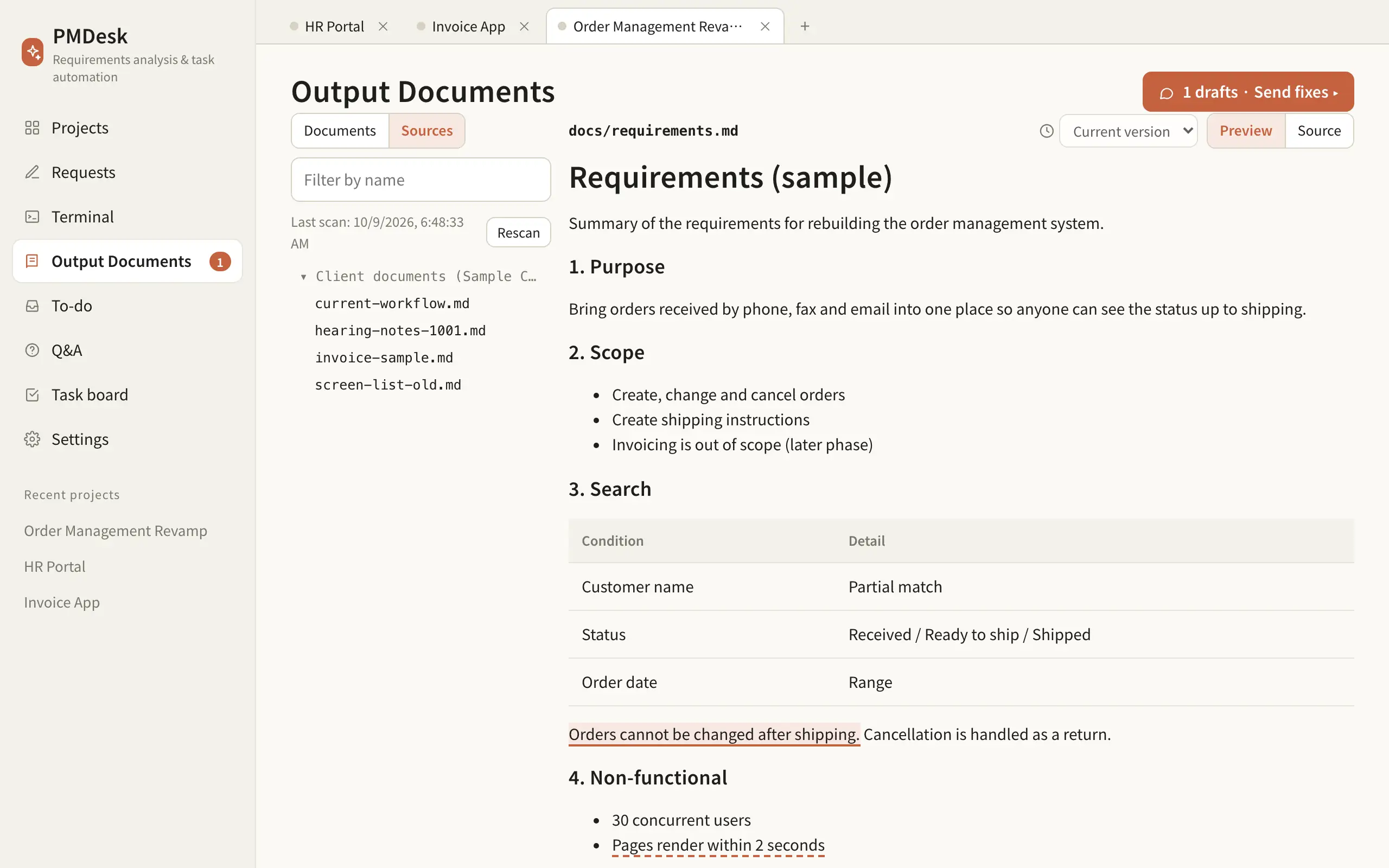 A registered client document folder listing its files