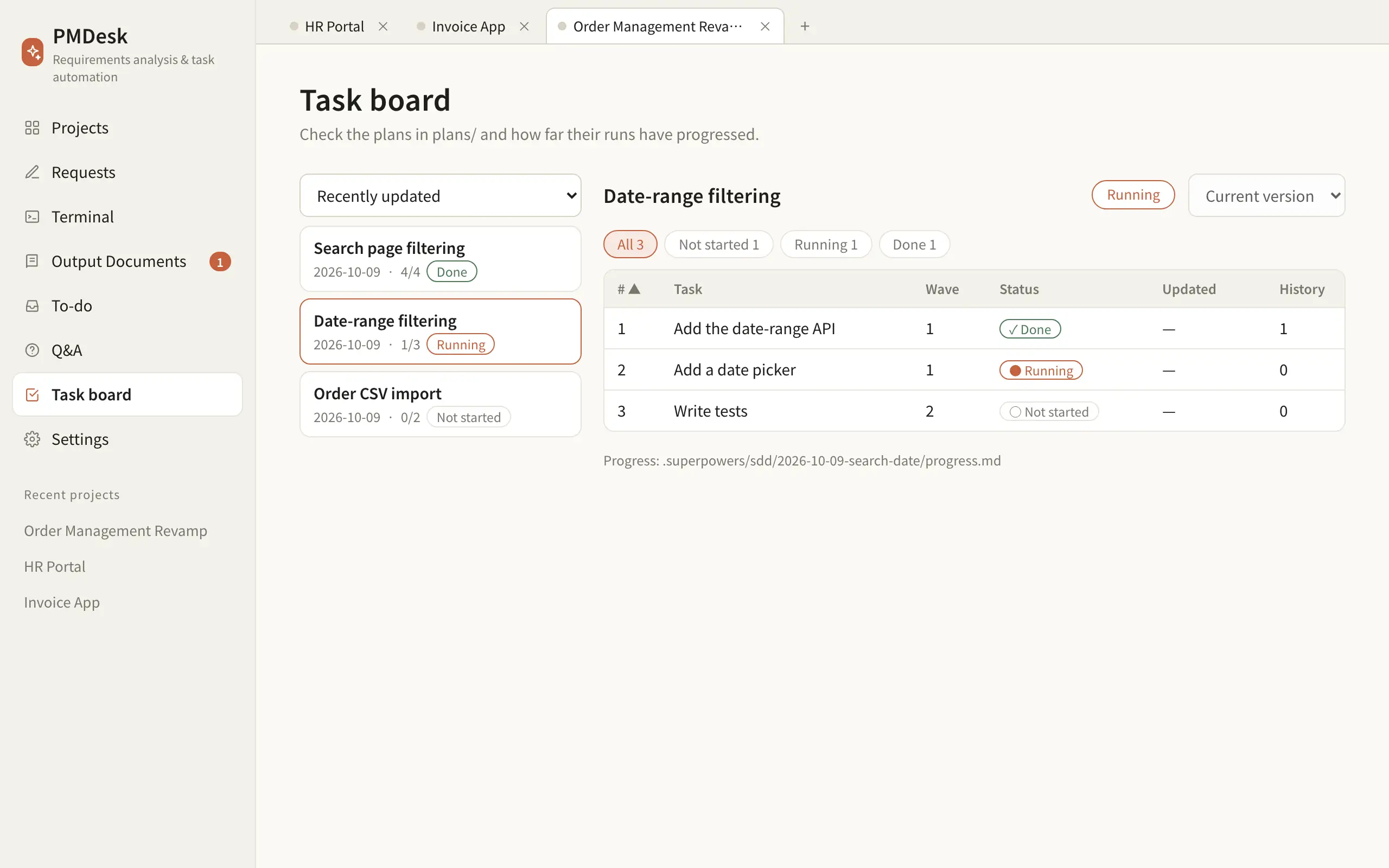 Task board listing three plans and the tasks of one plan with their status