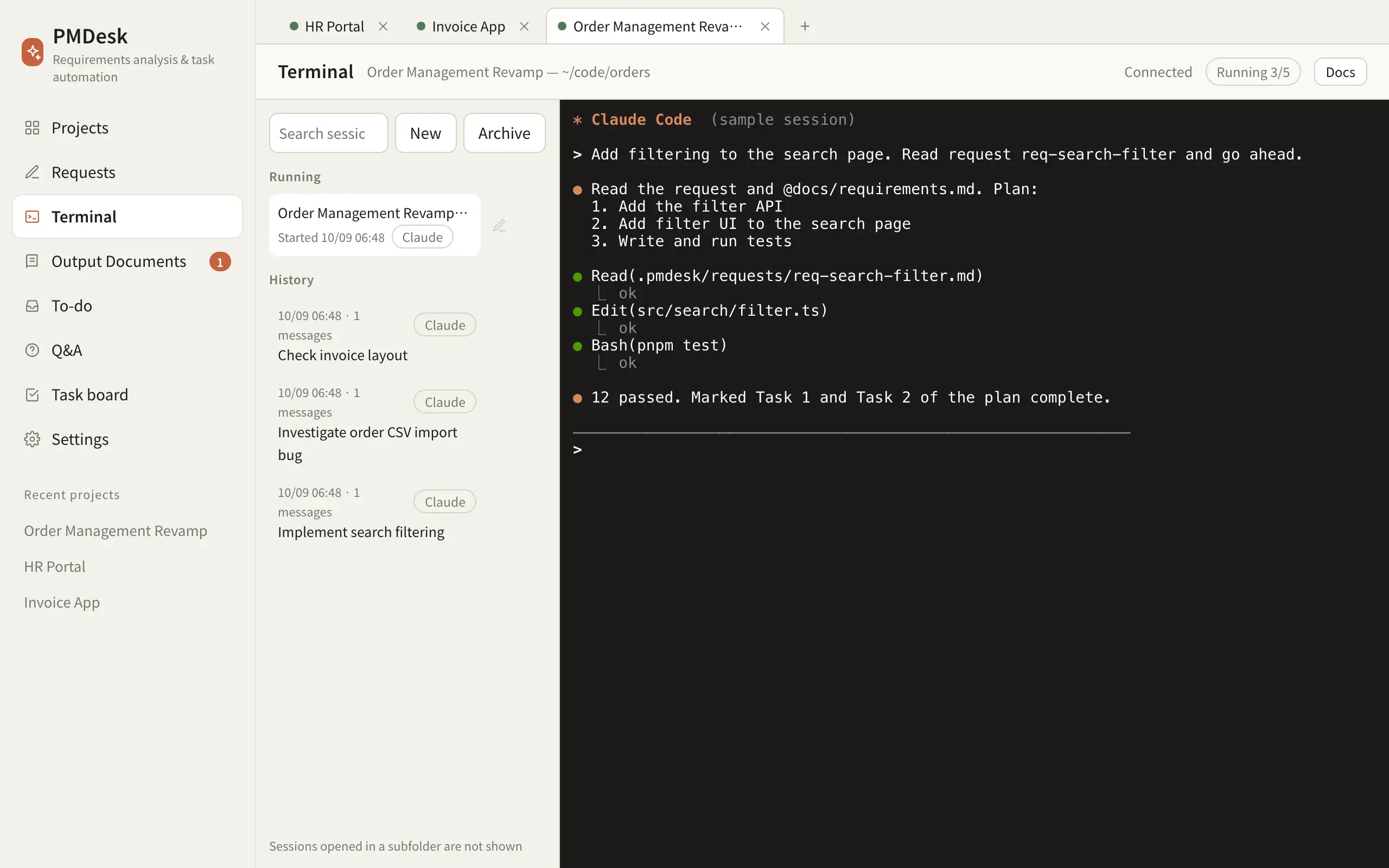 PMDesk terminal page: project tabs on top, running and past sessions on the left, an agent session on the right